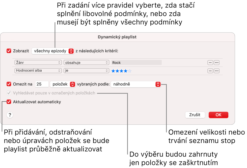 Dialogové okno dynamického playlistu: V levém horním rohu vyberte Match a uveďte podmínky pro skladby zařazované do playlistu (například žánr nebo hodnocení). Podmínky můžete přidávat a odstraňovat pomocí tlačítka Přidat a Odstranit v pravém horním rohu. V dolní části dialogového okna můžete nastavit různé možnosti, například omezit velikost nebo délku playlistu, zahrnout do něj pouze zkontrolované skladby nebo nastavit, aby aplikace Hudba aktualizovala playlist vždy, když se změní položky ve vaší knihovně.