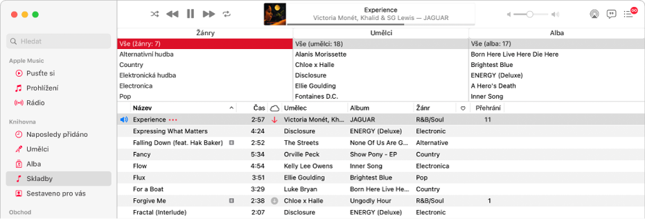 Hlavní okno aplikace Hudba. Sloupcový prohlížeč se nachází nad seznamem skladeb, vpravo od bočního panelu.