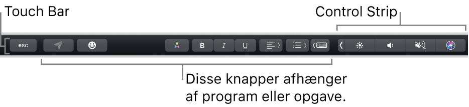 Touch Bar langs toppen af tastaturet med den formindskede Control Strip til højre og knapper, der varierer efter program eller opgave.