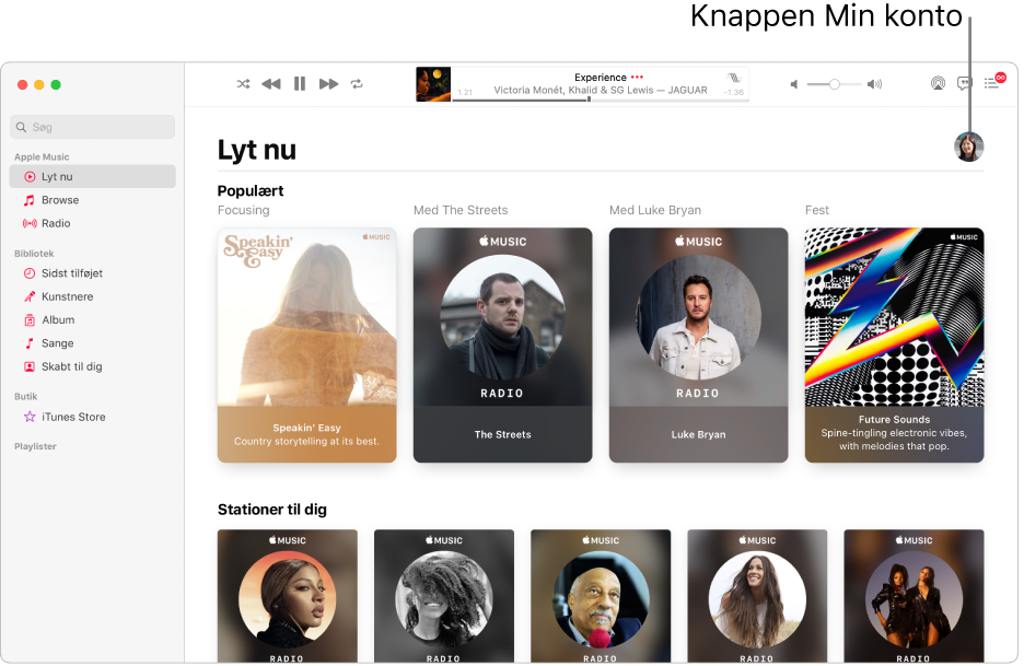 Apple Music-vinduet, som viser Lyt nu. Knappen Min konto (som ligner et foto eller et monogram) er placeret i øverste højre hjørne af vinduet.