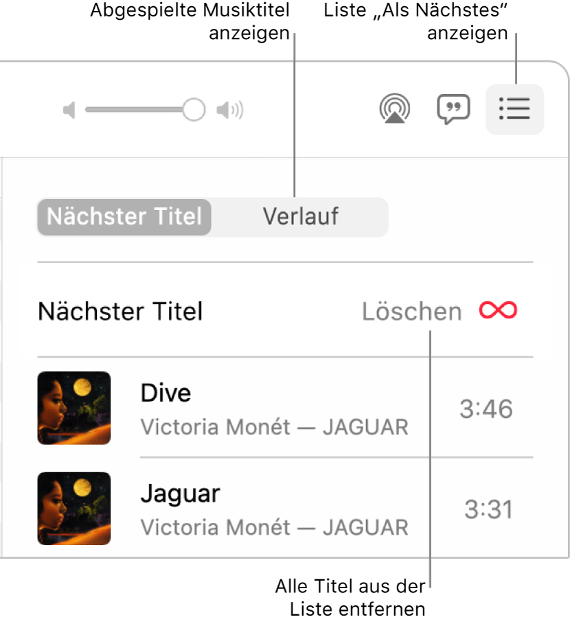 Die rechte obere Ecke des Fensters „Musik“ mit der Taste „Nächster Titel“ im Banner, mit der die Liste „Nächster Titel“ geöffnet wurde. Klicke auf den Link „Verlauf“, um die zuletzt abgespielten Titel anzuzeigen. Klicke auf den Link „Löschen“, um alle Titel aus der Liste zu entfernen.