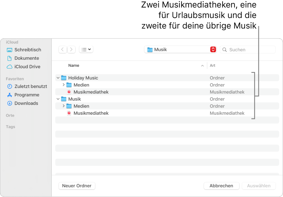 Das Finder-Fenster zeigt mehrere Mediatheken, eine für Urlaubsmusik und die andere für deine übrige Musik.