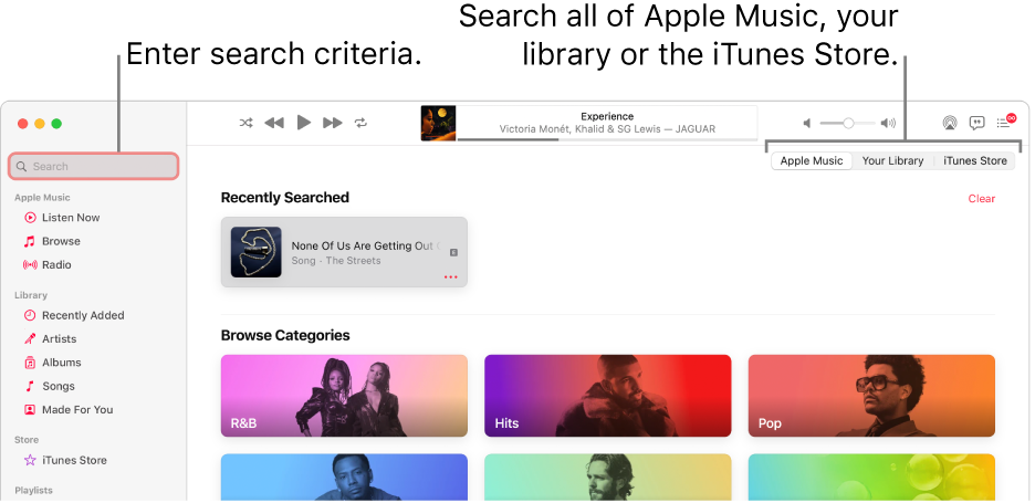 The Apple Music window showing the search field in the top-left corner, the list of categories in the centre of the window and Apple Music, Your Library and iTunes Store available in the top-right corner. Enter search criteria in the search field, then choose to search all of Apple Music, just your library or the iTunes Store.