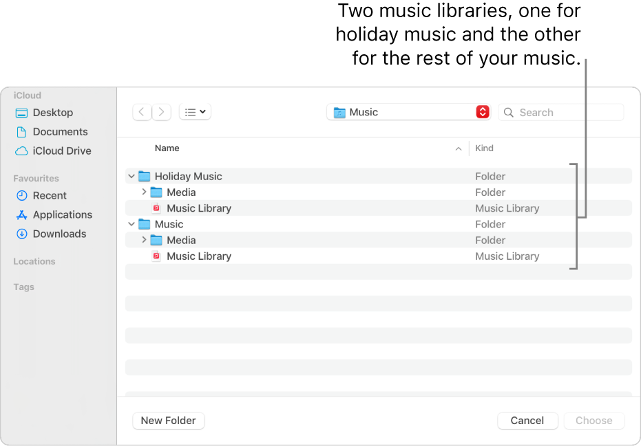 The Finder window showing multiple libraries—one for holiday music and the other for the rest of your music.