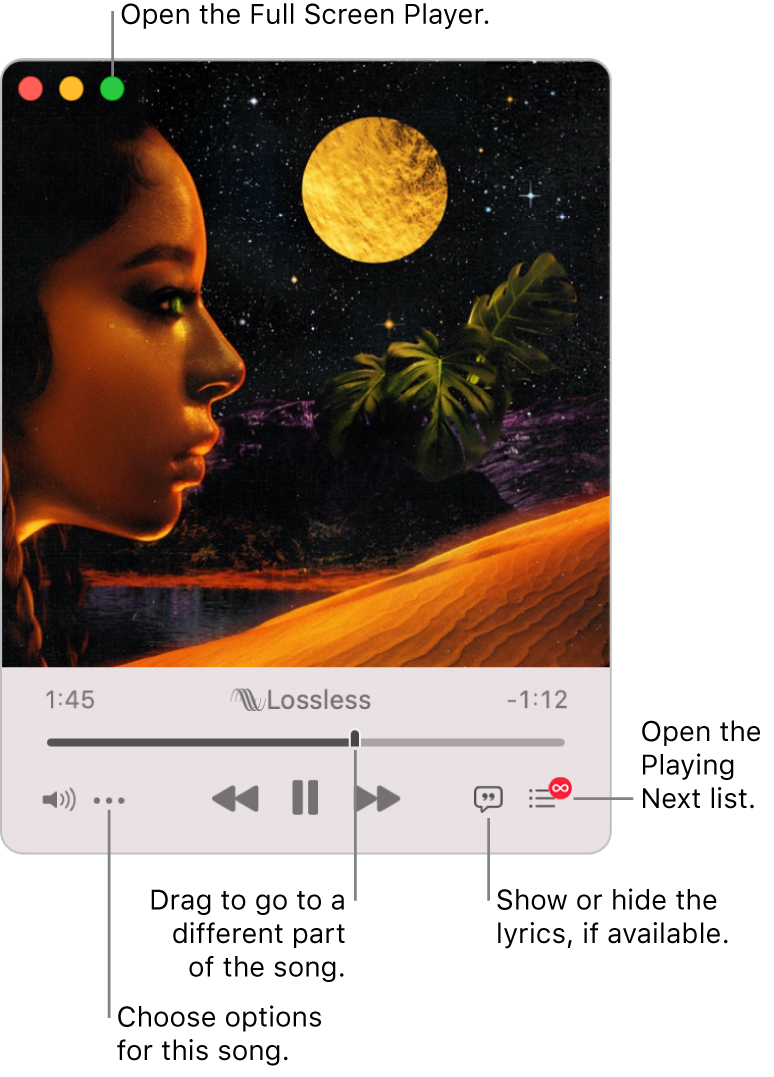 Expanded MiniPlayer showing the controls for the song that’s playing. In the top-left corner is the green button used to open the Full Screen Player. In the bottom of the window is a slider that you can drag to go to a different part of the song. Under the slider on the left side is the More button, where you can choose view options and other options for the song that’s playing. On the far right under the slider are two buttons—the Lyrics button to show or hide available lyrics and the Playing Next button to see what’s playing next.