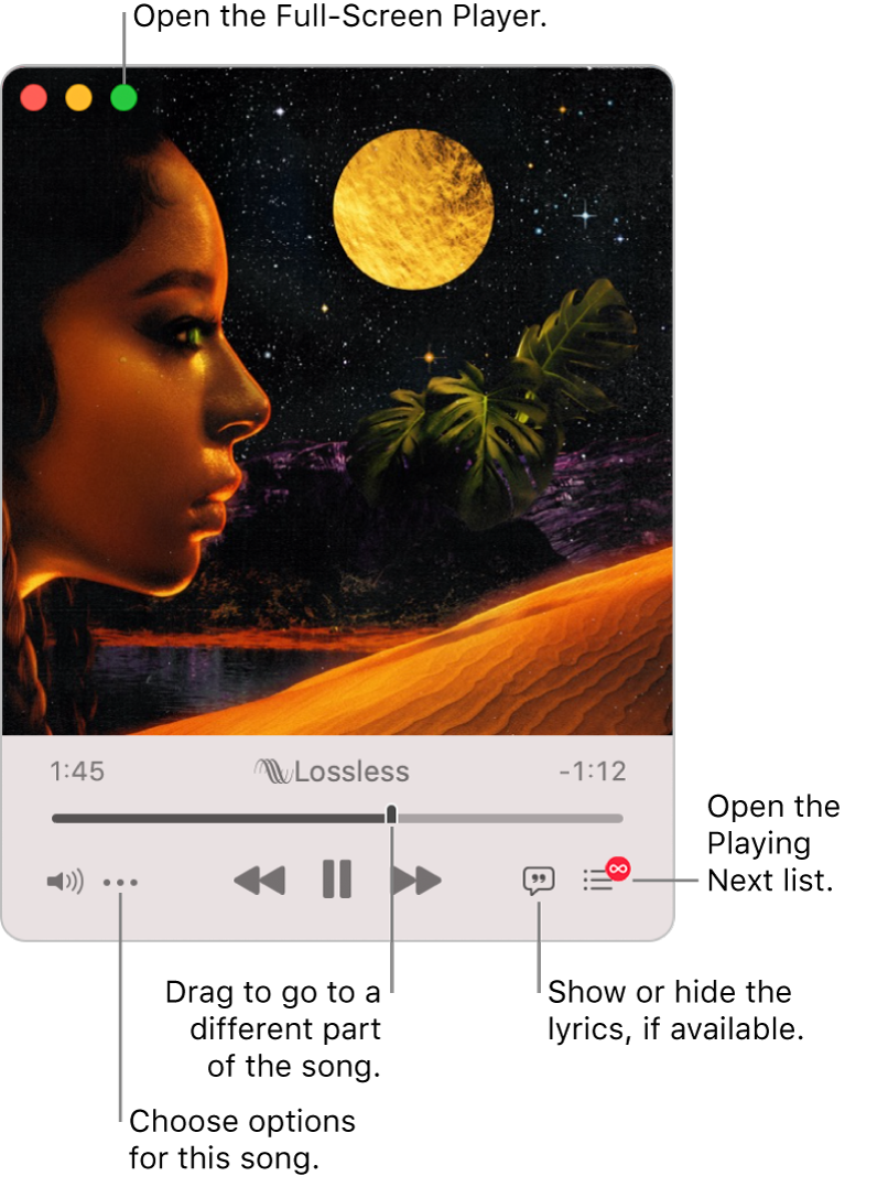 Expanded Mini Player showing the controls for the song that’s playing. In the top-left corner is the green button, used to open the Full Screen Player. In the bottom of the window is a slider that you can drag to go to a different part of the song. Under the slider on the left side is the More button, where you can choose view options and other options for the song that’s playing. On the far right under the slider are two buttons—the Lyrics button to show or hide available lyrics and the Playing Next button to see what’s playing next.