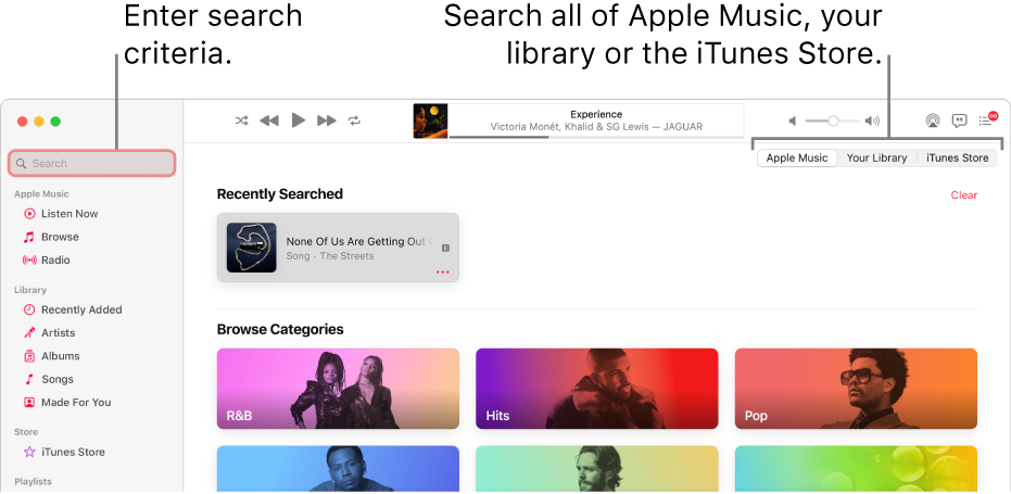 The Apple Music window showing the search field in the top-left corner, the list of categories in the center of the window and Apple Music, Your Library and iTunes Store available in the top-right corner. Enter search criteria in the search field, then choose to search all of Apple Music, just your library or the iTunes Store.
