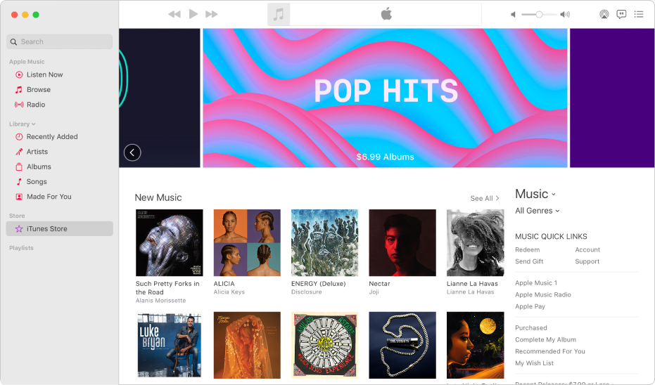 The iTunes Store main window: In the sidebar, iTunes Store is highlighted.