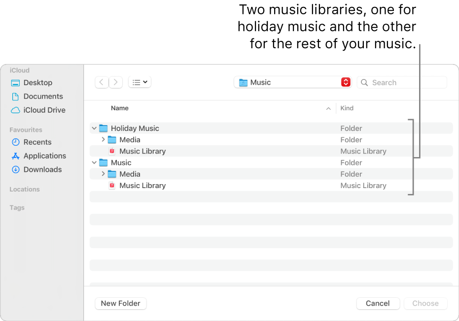 The Finder window showing multiple libraries—one for holiday music and the other for the rest of your music.