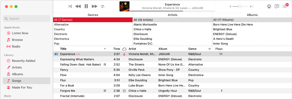 The main Music window: The column browser is to the right of the sidebar and above the list of songs.