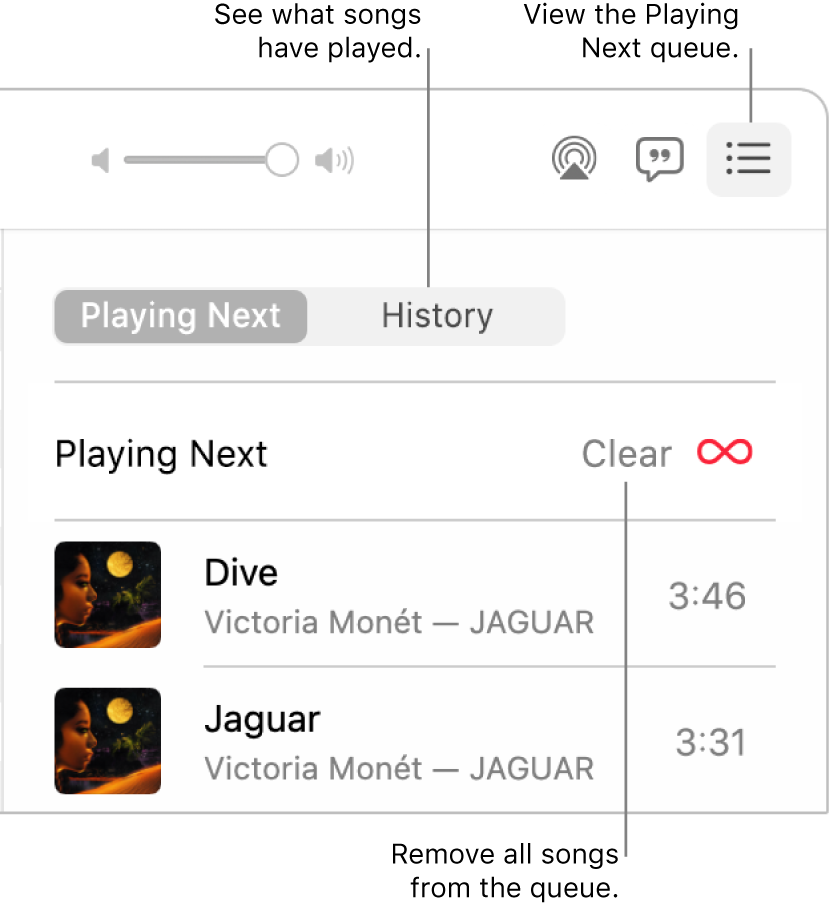 The top-right corner of the Music window with the Playing Next button in the banner showing the Playing Next queue. Click the History link to see the previously played songs. Click the Clear link to remove all songs from the queue.