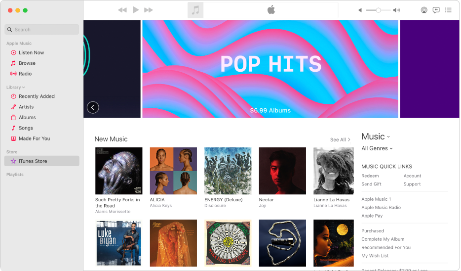 The iTunes Store main window: In the sidebar, iTunes Store is highlighted.