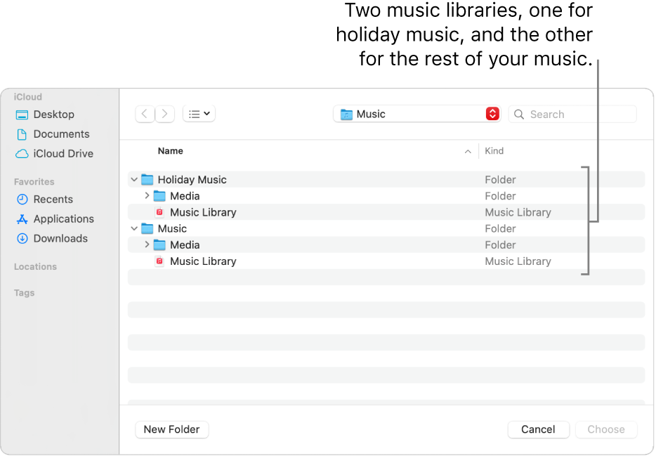 The Finder window showing multiple libraries—one for holiday music, and the other for the rest of your music.