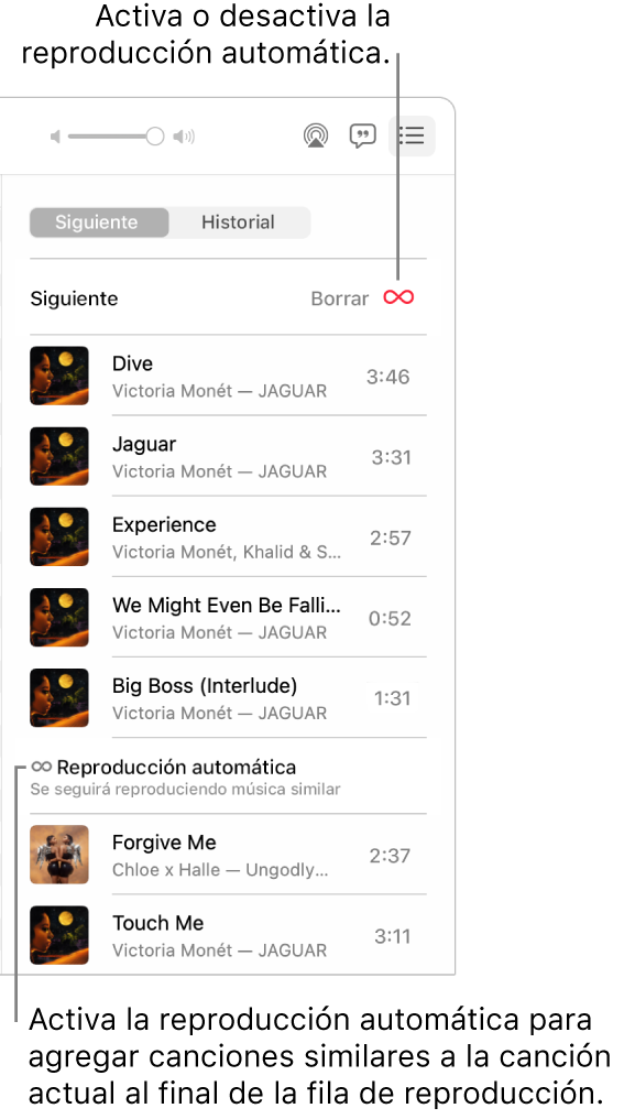 La fila Siguiente. Haz clic en el botón “Reproducción automática” para activarlo o desactivarlo. Cuando está activada la “Reproducción automática”, se agregan canciones similares al final de la fila.