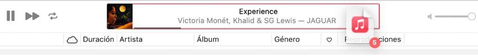 Un álbum que se arrastra a la parte superior de la ventana de Música.