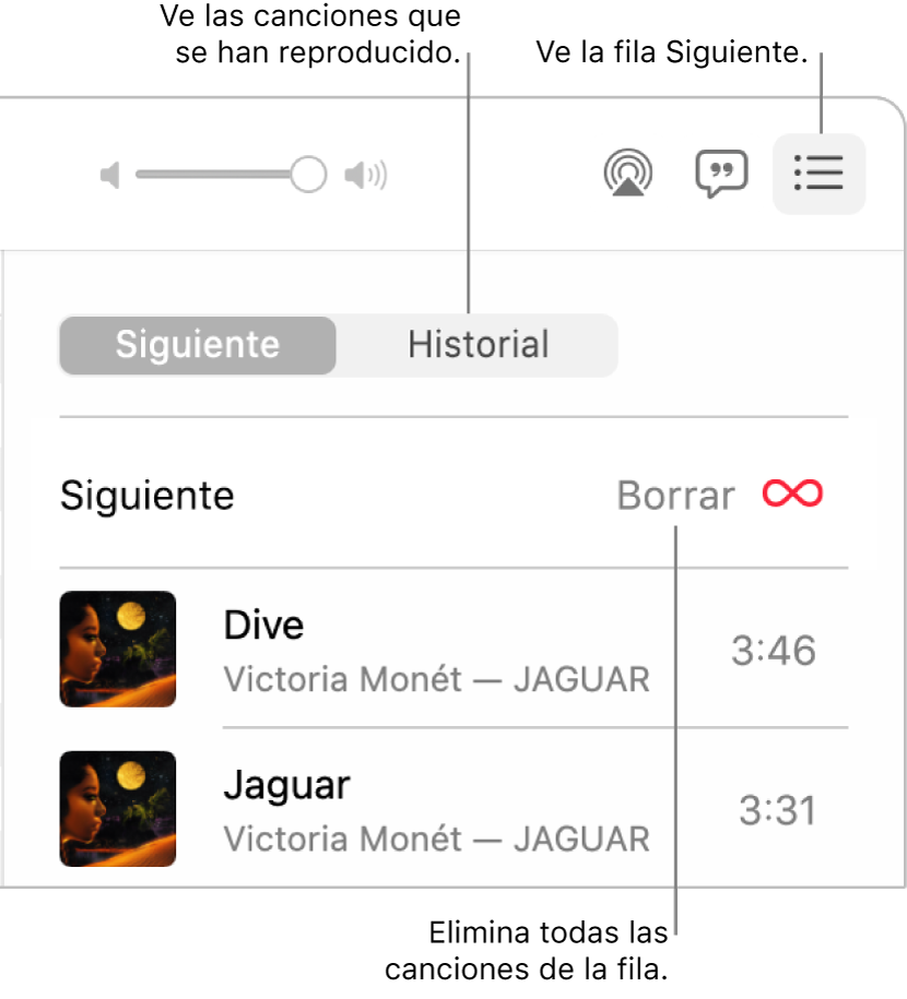 La esquina superior derecha de la ventana de Música con el botón Siguiente en la tira mostrando la fila Siguiente. Haz clic en el enlace Historial para ver las canciones reproducidas anteriormente. Haz clic en el enlace Borrar para eliminar todas las canciones de la fila.