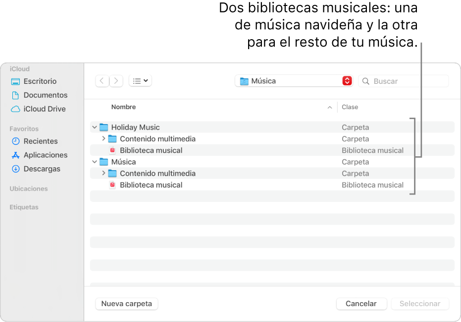 La ventana del Finder mostrando varias bibliotecas: una para música navideña y la otra para el resto de tu música.