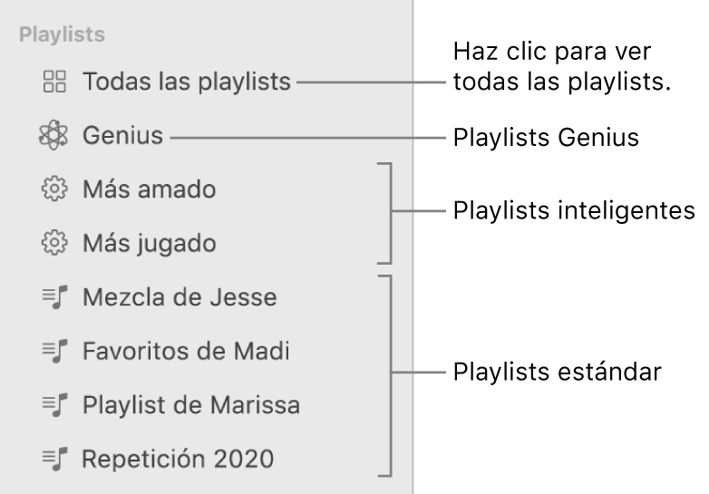 La barra lateral de Música, mostrando los diversos tipos de playlists: Playlists estándar, inteligentes y Genius. Haz clic en “Todas las listas de reproducción” para verlas todas.