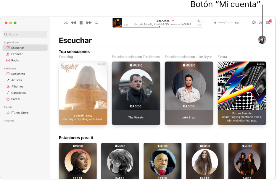 La ventana de Apple Music mostrando la sección “Escuchar ahora”. El botón “Mi cuenta” (que luce como una foto o un monograma) se encuentra en la esquina superior derecha de la ventana.