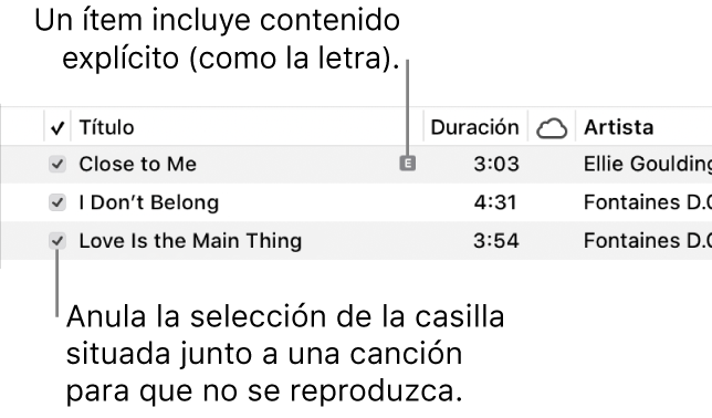 Detalle de la visualización Canciones en Música, con las casillas a la izquierda y un símbolo explícito de la primera canción (que indica que incluye contenido específico como las letras). Anula la selección de la casilla en aquellas canciones que no quieras reproducir.