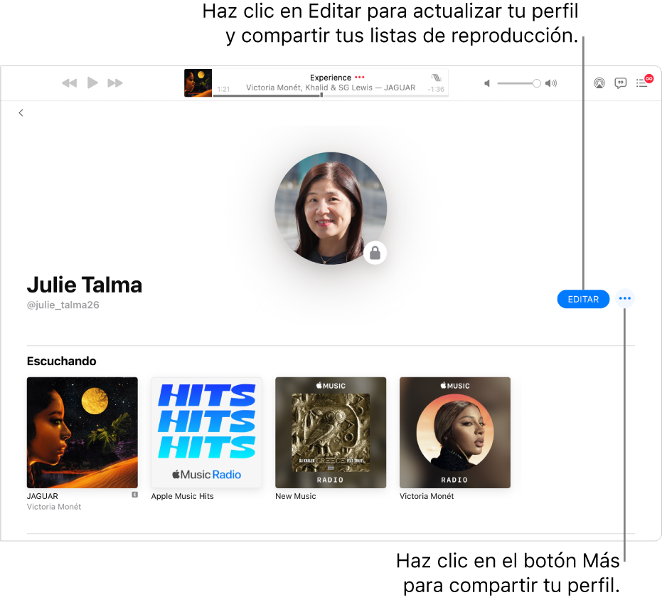 La página de perfil en Apple Music: En el lado derecho de la ventana, haz clic en Edición para seleccionar quién puede seguirte. A la derecha de Edición, haz clic en el botón Más para compartir tu música.