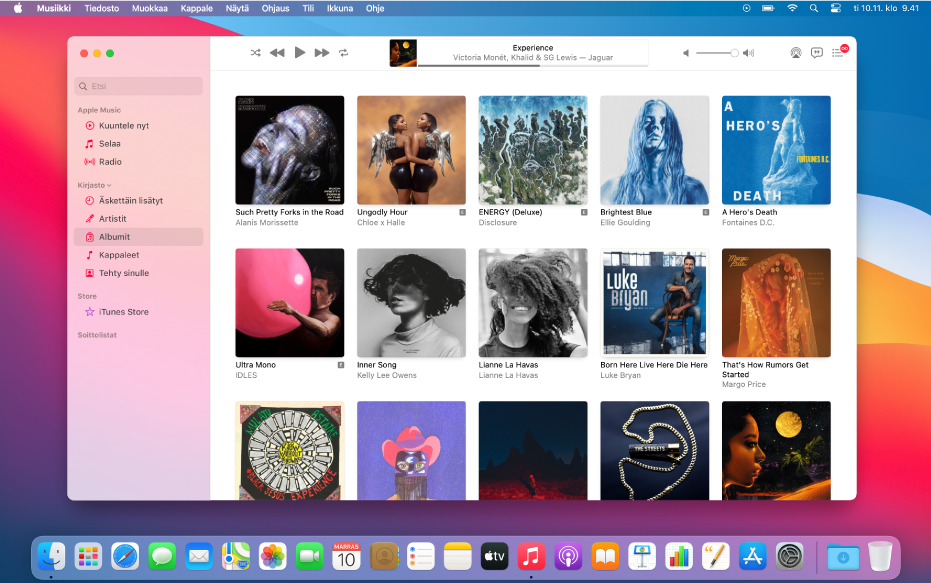 Apple Music-ikkuna, jossa on useita albumeja sisältävä kirjasto.