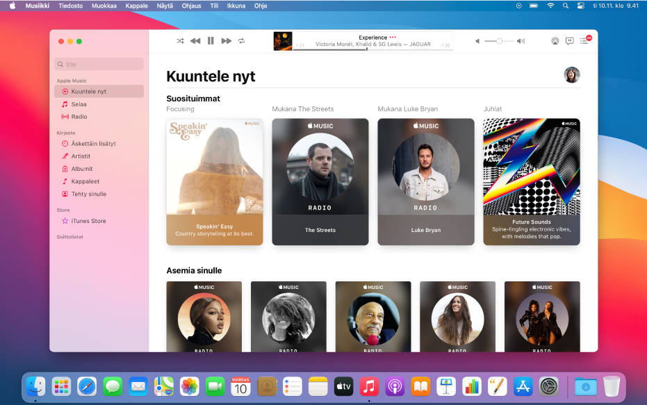 Apple Music ‑ikkuna, jossa näkyy Kuuntele nyt.