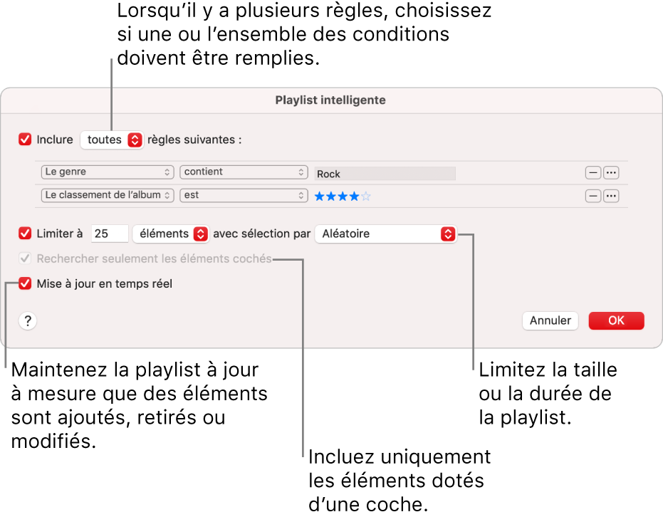 La zone de dialogue « Playlist intelligente » : Dans le coin supérieur gauche, sélectionnez Inclure, puis indiquez les critères de la playlist (comme Genre ou Classement). Continuez d’ajouter ou de supprimer des règles en cliquant sur le bouton Ajouter ou Supprimer en haut à droite. Sélectionnez différentes options dans la partie inférieure de la zone de dialogue, comme la limitation de la taille ou de la durée d’une playlist, l’utilisation exclusive des éléments cochés ou la mise à jour de la playlist par Musique lorsque votre bibliothèque est modifiée.