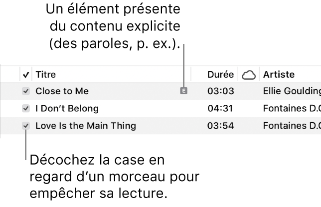 Détail de la présentation Morceaux de Musique, avec les cases à gauche et un symbole explicite pour le premier morceau indiquant qu’il contient du contenu explicite, comme ses paroles. Décochez la case en regard d’un morceau pour empêcher la lecture de ce dernier.