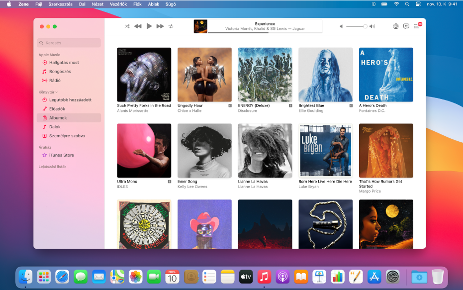 Az Apple Music ablaka, több albumot tartalmazó könyvtárral.