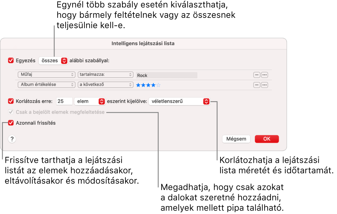 Az Intelligens lejátszási lista párbeszédablak: Válassza ki a bal felső sarokban az Egyezés lehetőséget, majd adja meg a lejátszási lista feltételeit (például a műfajt vagy az értékelést). A jobb felső sarokban lévő Hozzáadás és Eltávolítás gombbal folytathatja a szabályok hozzáadását, illetve eltávolítását. A párbeszédablak alsó részében különféle lehetőségeket választhat ki – például korlátozhatja a lejátszási lista méretét vagy időtartamát, megadhatja csak ellenőrzött zeneszámok szerepeltetését, illetve frissíttetheti a Zene alkalmazással a lejátszási listát, ha a könyvtárban lévő elemek megváltoznak.