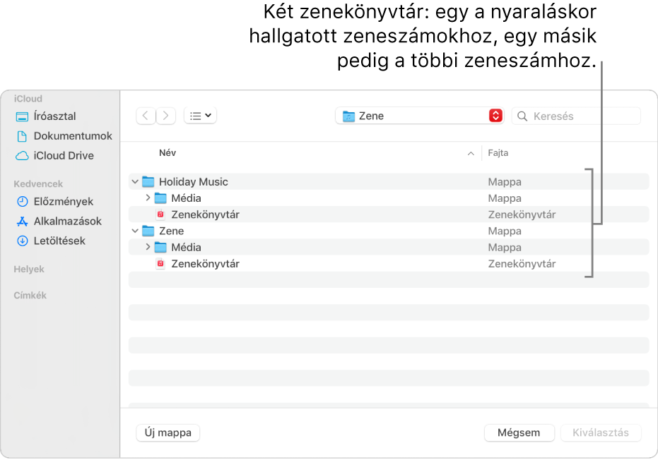 A Finder ablaka több könyvtárral – egy a nyaraláshoz használt zenékkel, míg a másik a többi zenékkel.