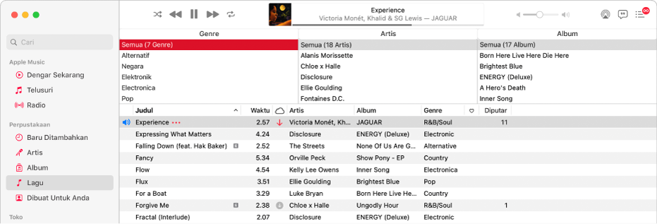 Jendela Musik utama: Browser kolom ada di sisi kanan bar samping dan di atas daftar lagu.