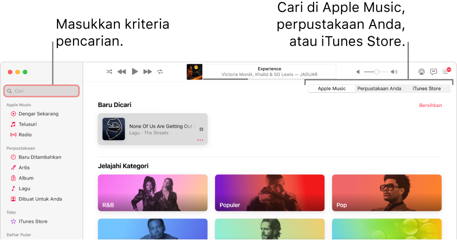 Jendela Apple Music menampilkan bidang pencarian di pojok kiri atas, daftar kategori di tengah jendela, dan Apple Music, Perpustakaan Anda, serta iTunes Store tersedia di pojok kanan atas. Masukkan kriteria pencarian di bidang pencarian, lalu pilih untuk mencari di Apple Music, hanya di perpustakaan Anda, atau di iTunes Store.