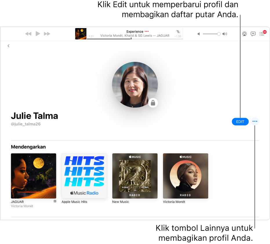Halaman profil di Apple Music: Di sisi kanan jendela, klik Edit untuk memilih siapa yang dapat mengikuti Anda. Di sebelah kanan Edit, klik tombol Lainnya untuk membagikan musik Anda.
