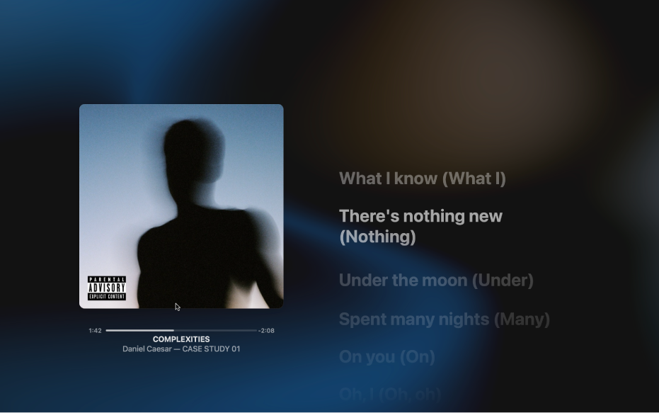 노래가 재생 중이고 오른쪽에는 음악에 맞춰 화면에 가사가 표시되는 전체 화면 플레이어.
