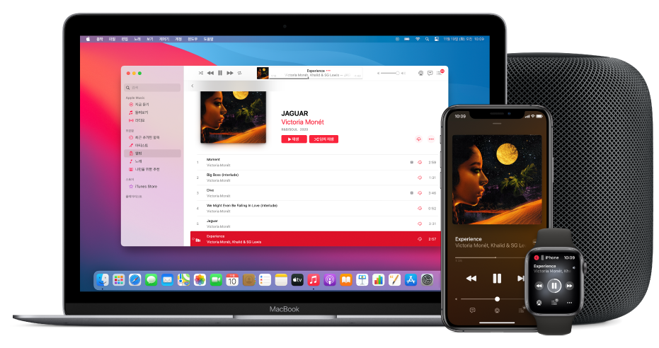 Mac, iPhone, Apple Watch를 통해 HomePod에서 재생되는 노래.