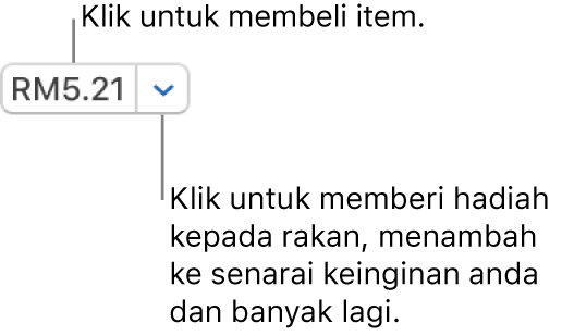 Butang memaparkan harga. Klik harga untuk membeli item. Klik anak panah bersebelahan harga untuk menghadiahkan item kepada rakan, menambah item ke senarai keinginan anda dan banyak lagi.