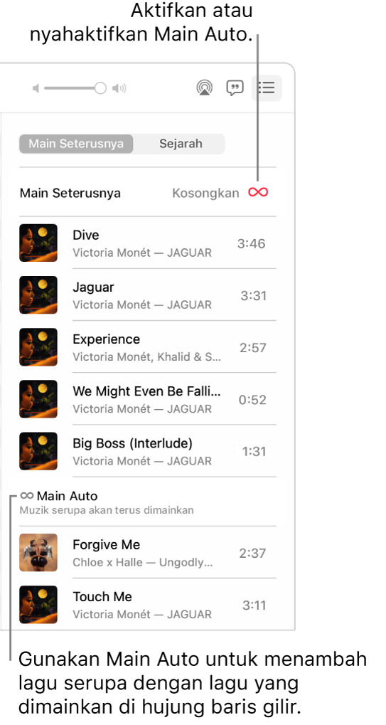 Baris gilir Main Seterusnya. Klik butang Main Auto untuk mengaktifkan atau menyahaktifkannya. Apabila Main Auto aktif, lagu yang serupa ditambah ke penghujung baris gilir.