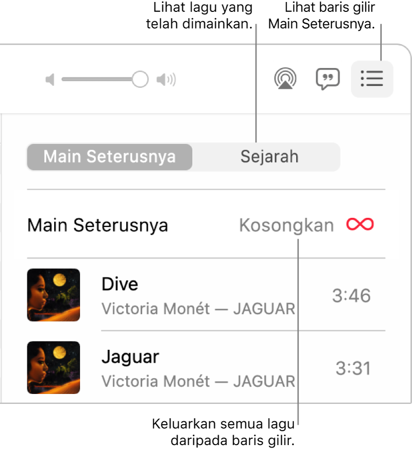 Penjuru kanan atas tetingkap Muzik dengan butang Main Seterusnya dalam sepanduk menunjukkan baris gilir Main Seterusnya. Klik pautan Sejarah untuk melihat lagu yang dimainkan sebelumnya. Klik pautan Kosongkan untuk mengeluarkan semua lagu daripada baris gilir.