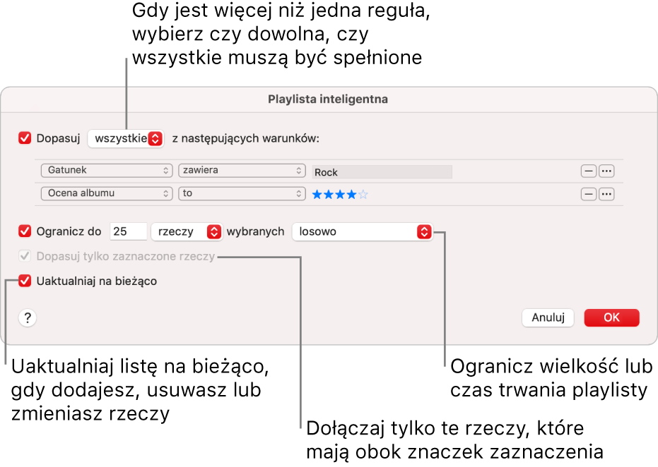 Okno dialogowe playlisty inteligentnej: W lewym górnym rogu zaznacz Dopasuj, a następnie określ kryteria tworzenia playlisty (na przykład gatunek lub ocena). Kontynuuj, aby dodawać lub usuwać reguły, klikając w przycisk dodawania lub usuwania w prawym górnym rogu. Zaznacz różne opcje w dolnej części okna dialogowego, takie jak ograniczenie wielkości lub czasu odtwarzania playlisty, dopasowywanie tylko zaznaczonych utworów oraz automatyczne uaktualnianie zawartości playlisty przez aplikację Muzyka.