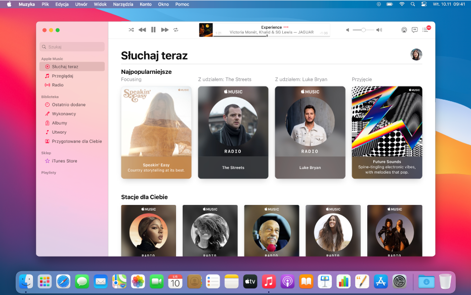 Okno Apple Music wyświetlające widok Słuchaj teraz.