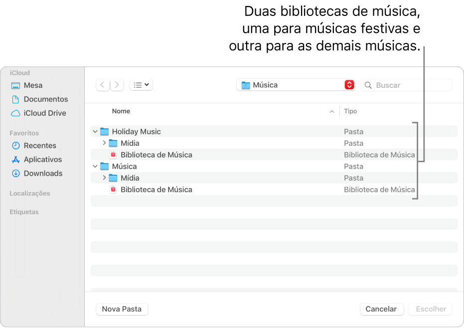 Janela do Finder mostrando várias bibliotecas: uma para músicas festivas e outra para o restante das músicas.
