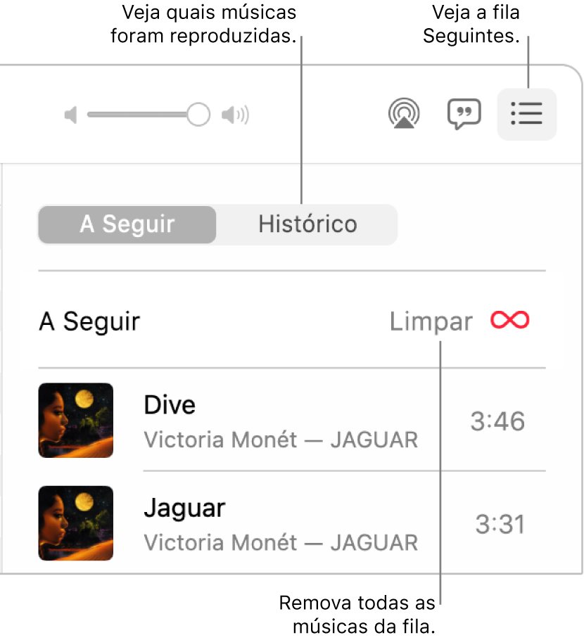 Canto superior direito da janela do app Música com o botão A Seguir no banner mostrando a fila A Seguir. Clique no link Histórico para ver as músicas reproduzidas anteriormente. Clique no link Limpar para remover todas as músicas da fila.