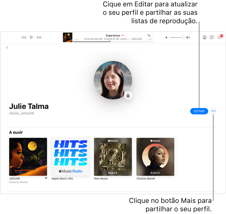 A página de perfil em Apple Music: No lado direito da janela, clique em Editar para selecionar quem o pode seguir. À direita de Edição, clique no botão Mais para partilhar a sua música.