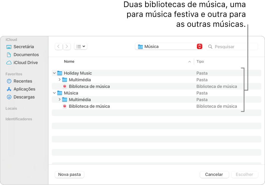 A janela do Finder a mostrar várias bibliotecas, uma para música para férias e outra para as restantes músicas.