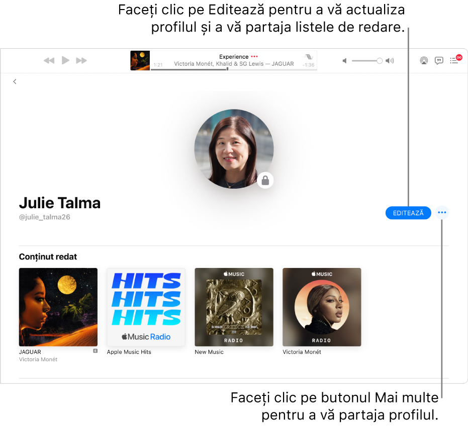Pagina de profil din Apple Music: În partea dreaptă a ferestrei, faceți clic pe Editați pentru a alege cine vă poate urmări. În dreapta butonului Editați, faceți clic pe butonul Mai multe pentru partaja muzica dvs.