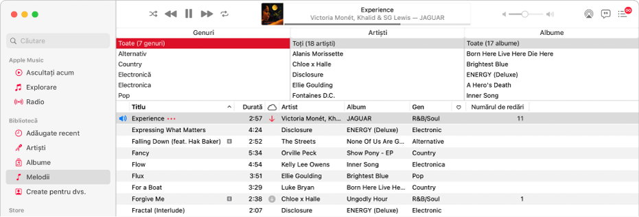 Fereastra principală a aplicației Muzică: Browserul pe coloane este în partea dreaptă a barei laterale și deasupra listei de melodii.