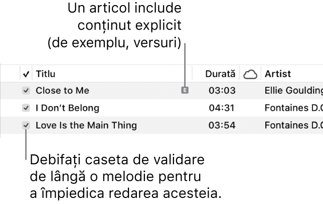 Detaliu al vizualizării Melodii din muzică, prezentând casetele de validare în stânga și un simbol explicit pentru prima melodie (indicând că are conținut explicit, cum ar fi versurile). Deselectați caseta de validare de lângă o melodie pentru a împiedica redarea acesteia.