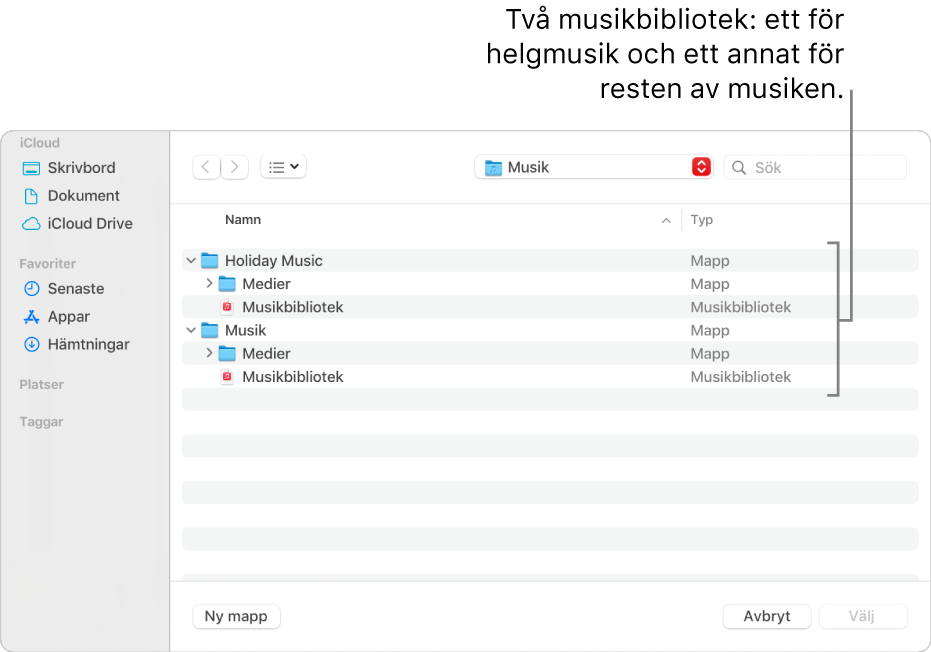 Finder-fönstret med flera bibliotek: ett för julmusik och de andra för all annan musik.